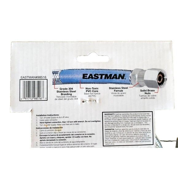 Eastman Ice Maker Connector 5 Ft Length 1/4" Inlet #0247027 Stainless Steel NEW - Picture 3 of 6